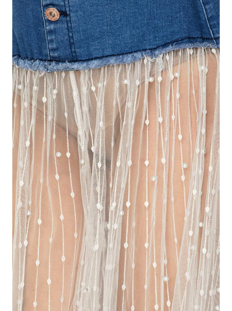 Pearl Embellished Sheer Lace Denim Pants