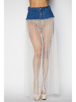 Pearl Embellished Sheer Lace Denim Pants