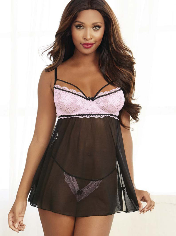 Vintage Pink Lace & Black Mesh Underwired Babydoll & Thong