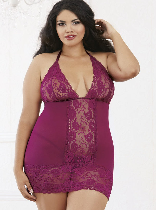 Plus Size Lace & Mesh Chemise & Thong