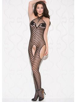 Black Chevron Striped Seamless Knit Crotchless Bodystocking