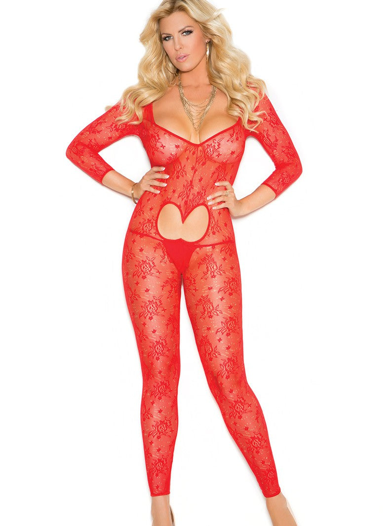 Plus Size Red Lace Heart Cut-Out Footless Bodystocking W/ Open C