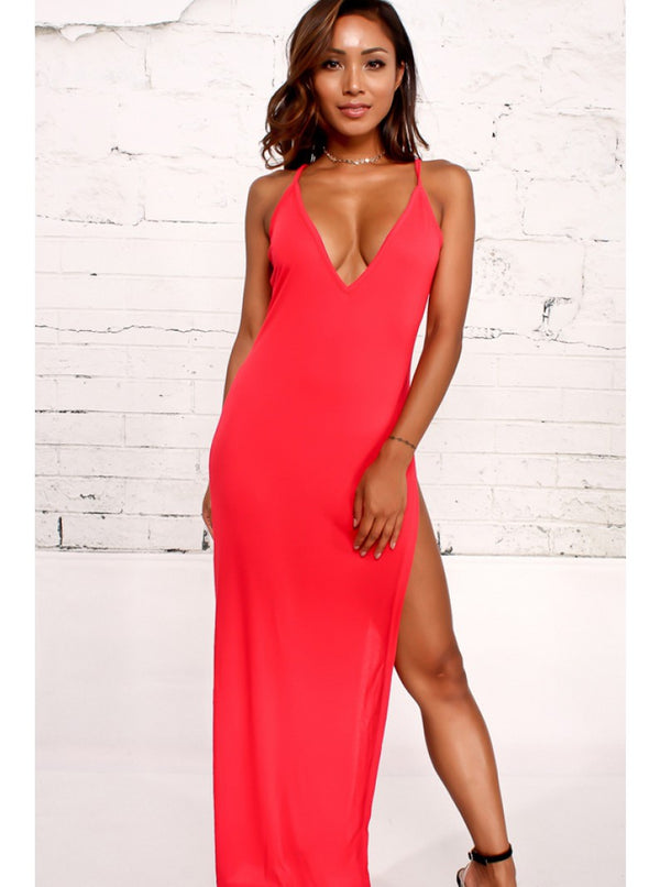 Deep V Front High Slit Dress