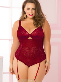 Plus Size Wine Satin & Lace Underwired Teddy W/ Garter Straps