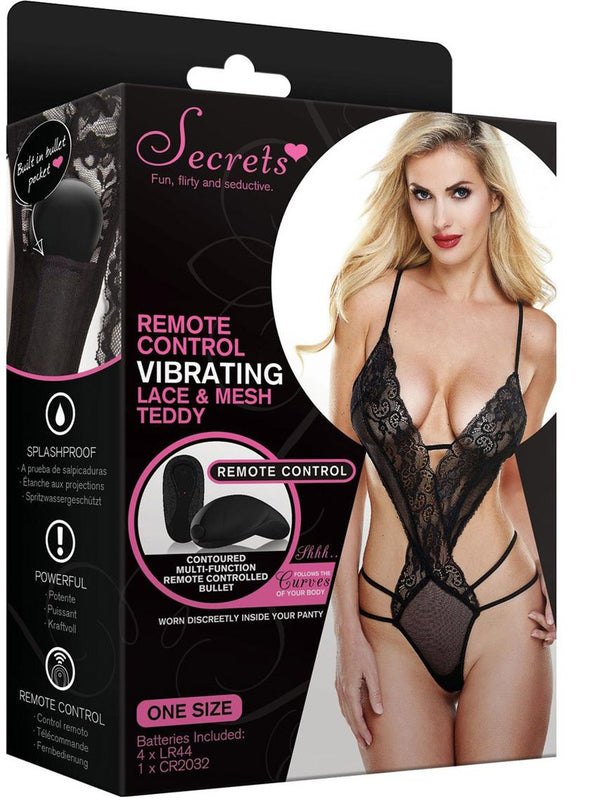 Black Lace & Mesh Remote Controlled Vibrating Strappy Teddy